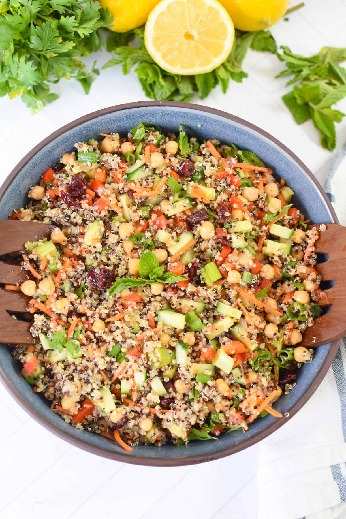 Easy Moroccan Chickpea Salad in blue bowl