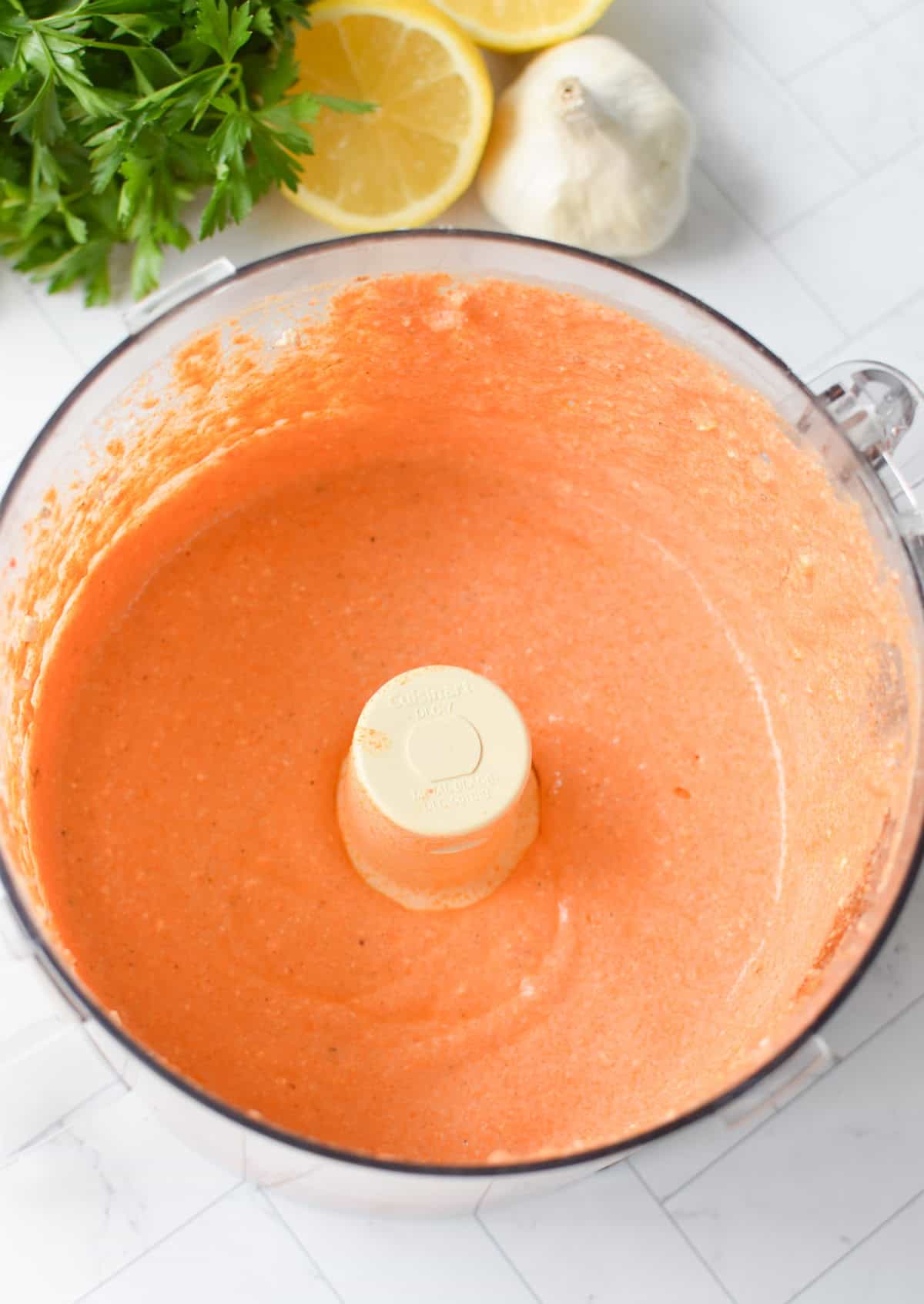Blended Roasted Red Pepper Feta Dip in a food processor 