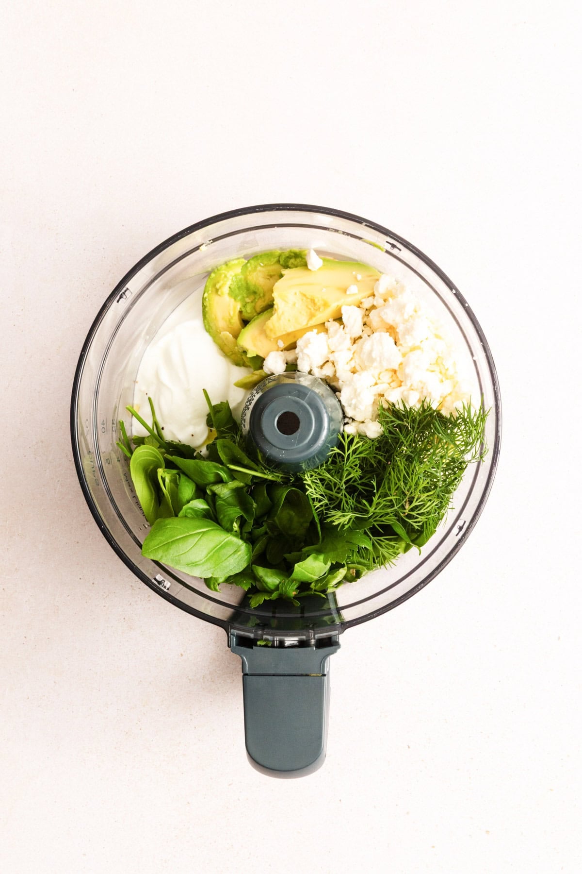 Greek Goddess Dip ingredients in a food processor