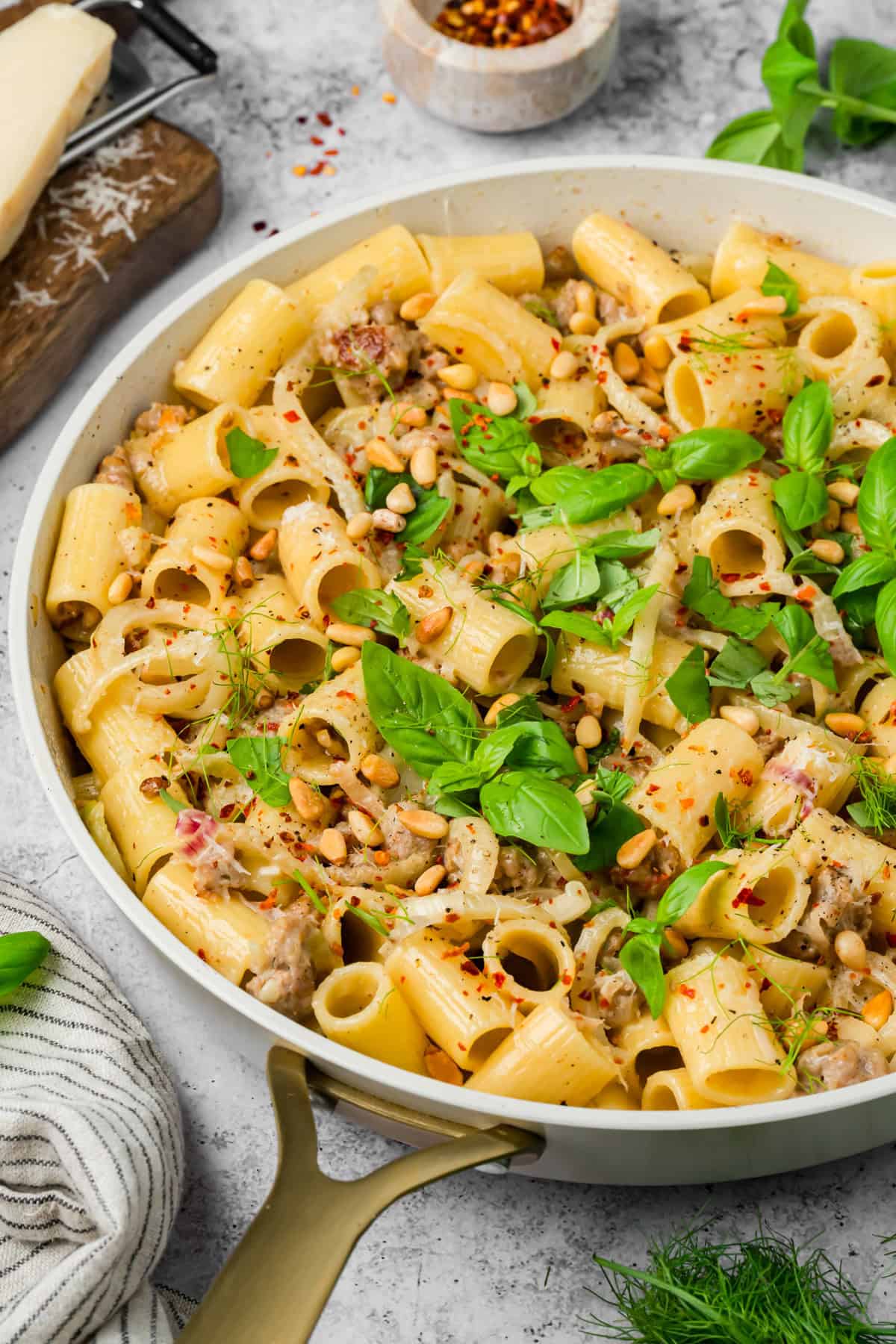 Creamy Sausage and Fennel Pasta with pine nuts and basil