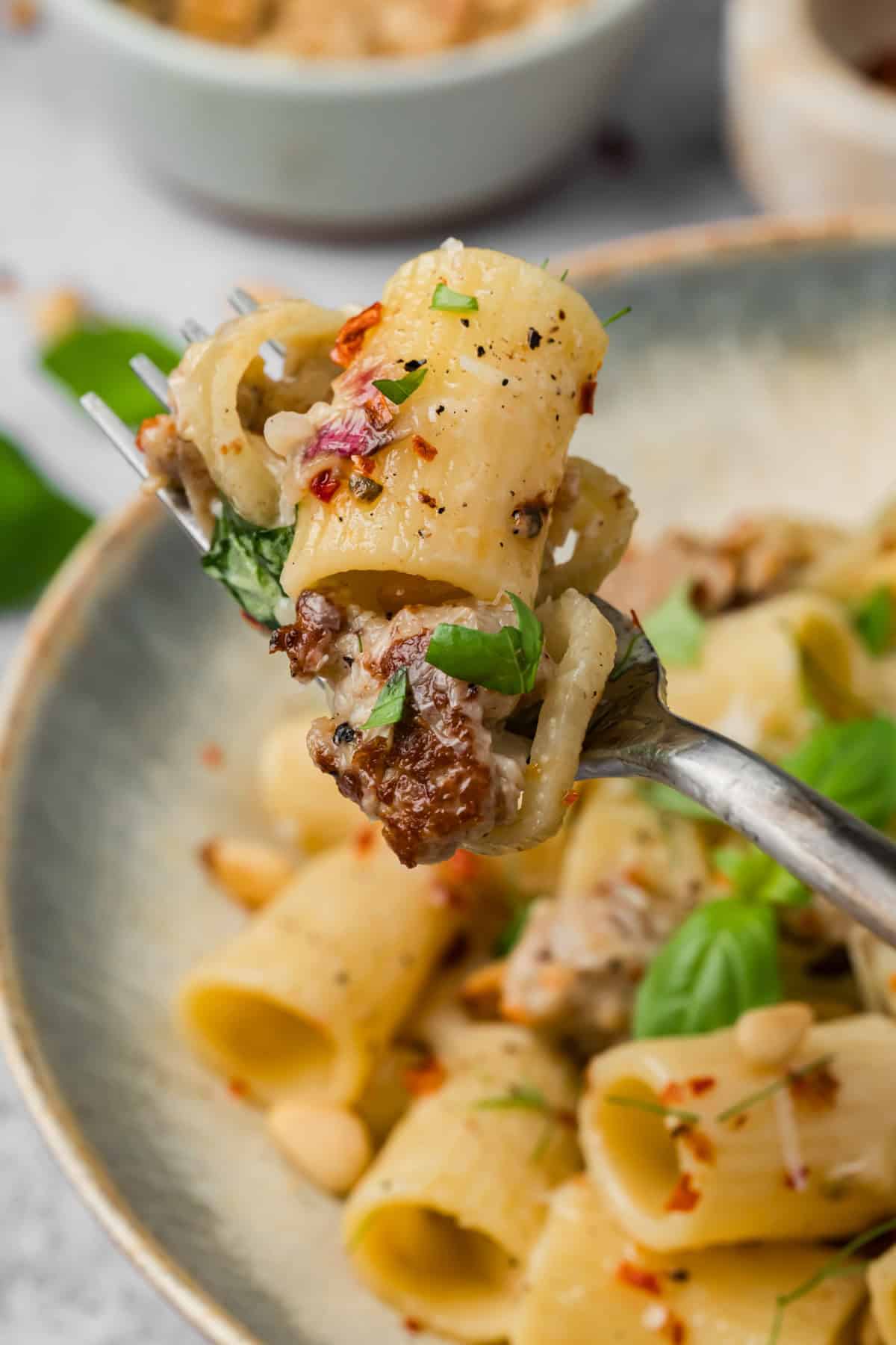 Sausage and Fennel Pasta on a fork